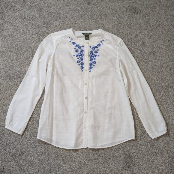 EDDIE BAUER White Lightweight Cotton Long Sleeve Embroidered Blouse; Size L - Picture 1 of 5